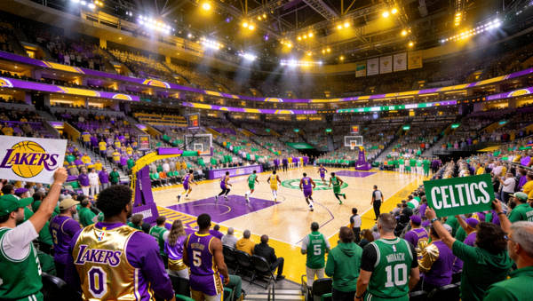 NBA洛杉矶湖人队对阵波士顿凯尔特人比赛现场高清画面，球馆顶灯与观众席